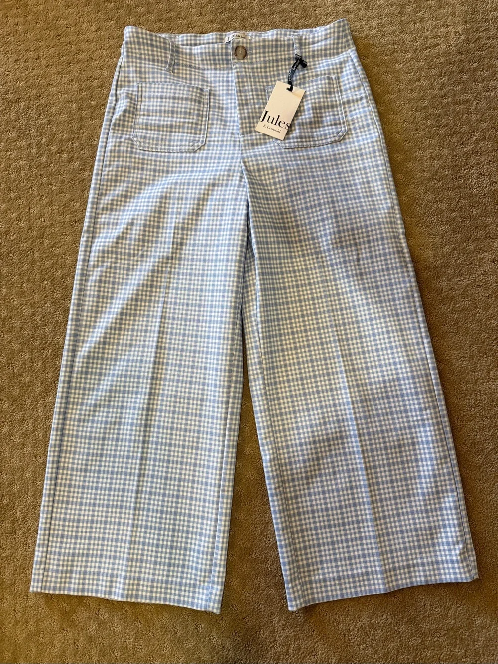 NWT Blue Gingham Wide-Leg Crop Pants.